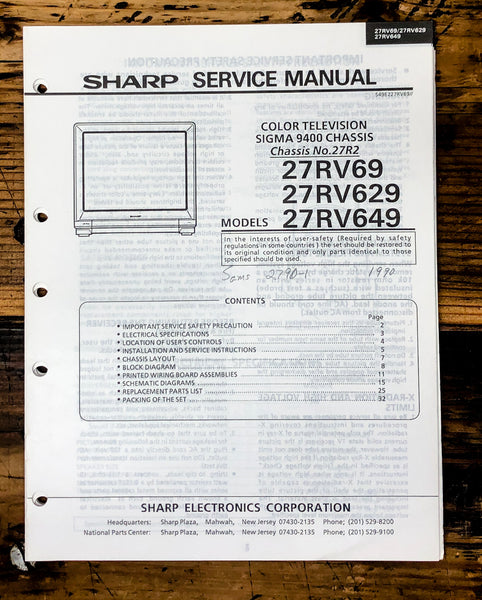 Sharp 27RV69 27RV629 27RV649 TV / Television Service Manual *Original*