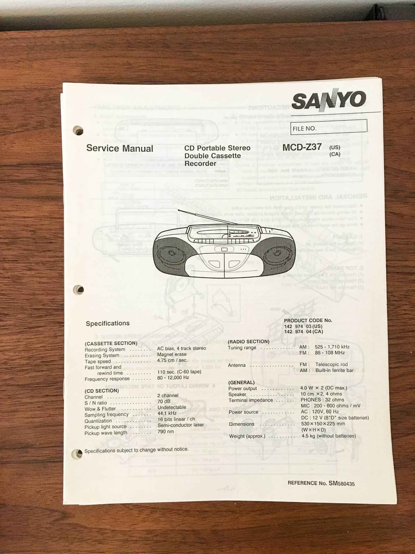 Sanyo MCD-Z37 Boombox Stereo Service Manual *Original*