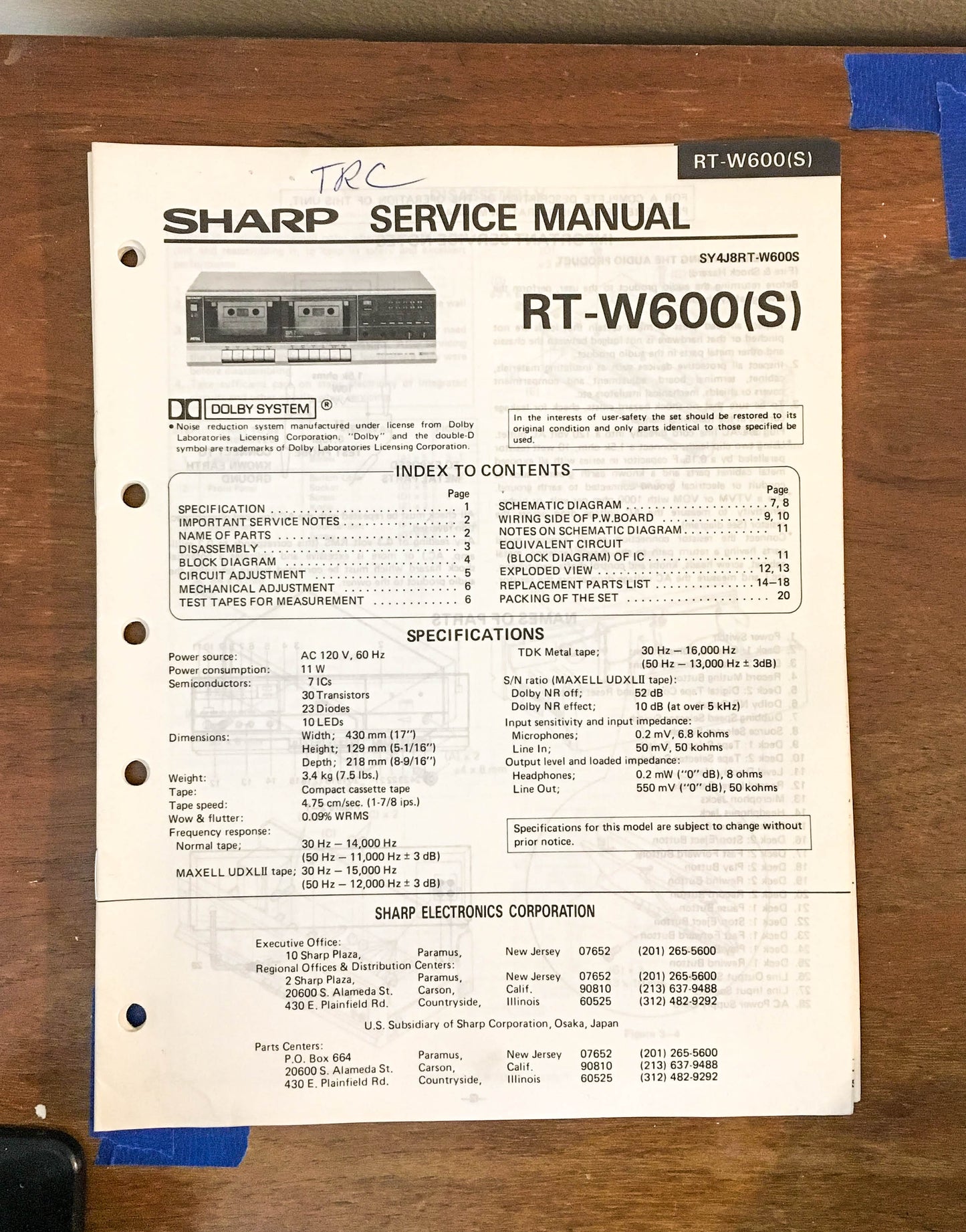 Sony RT-W600 W600S Cassette Service Manual *Original*