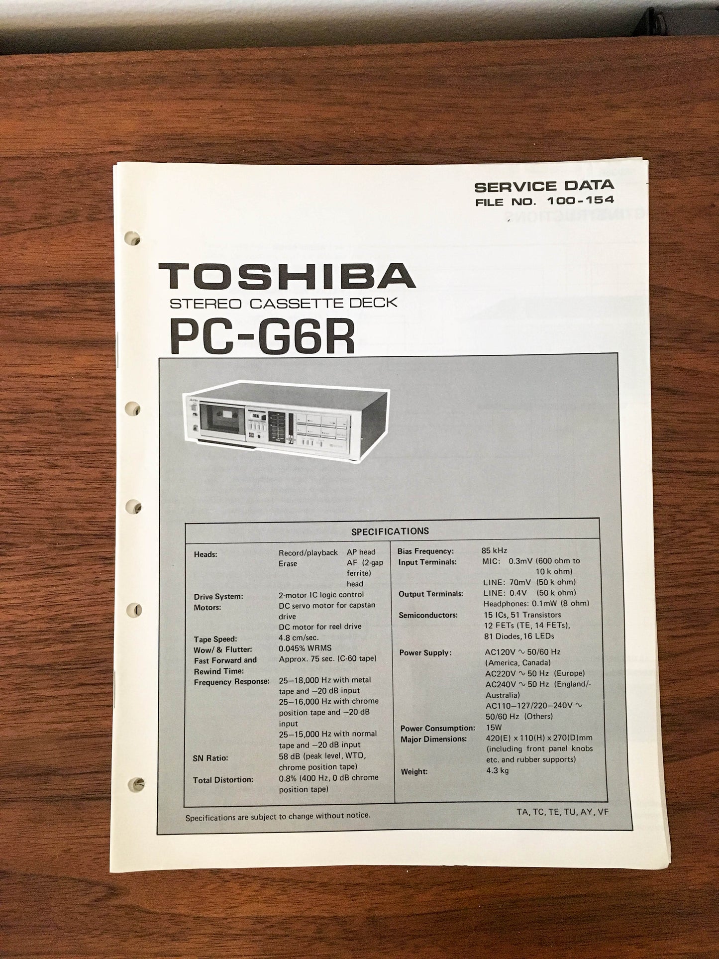 Toshiba PC-G6R Cassette Deck Service Manual *Original*