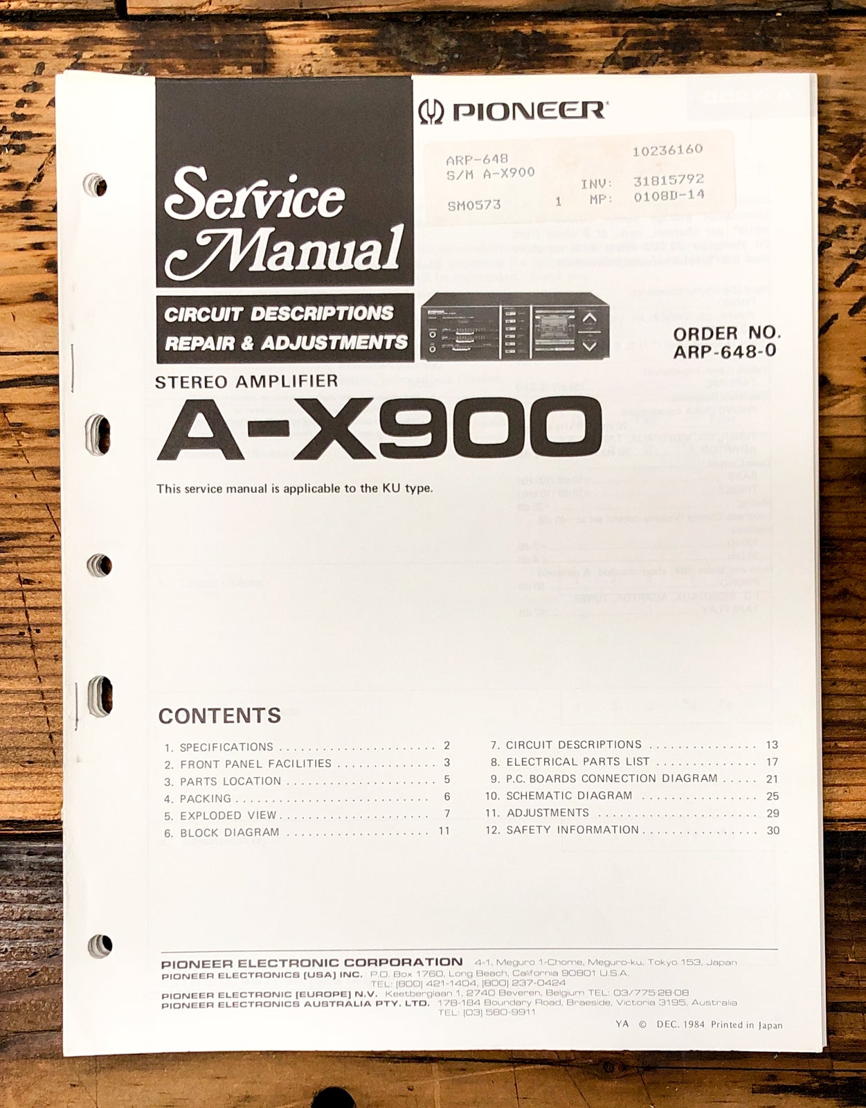 Pioneer A-X900 Amplifier Service Manual *Original*