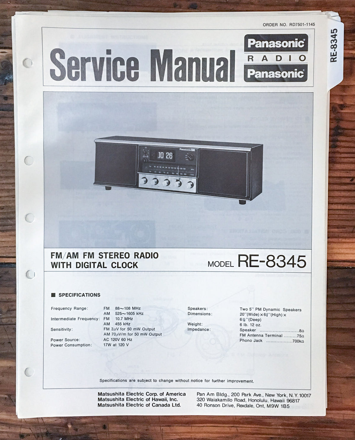 Panasonic RE-8345 Radio  Service Manual *Original*