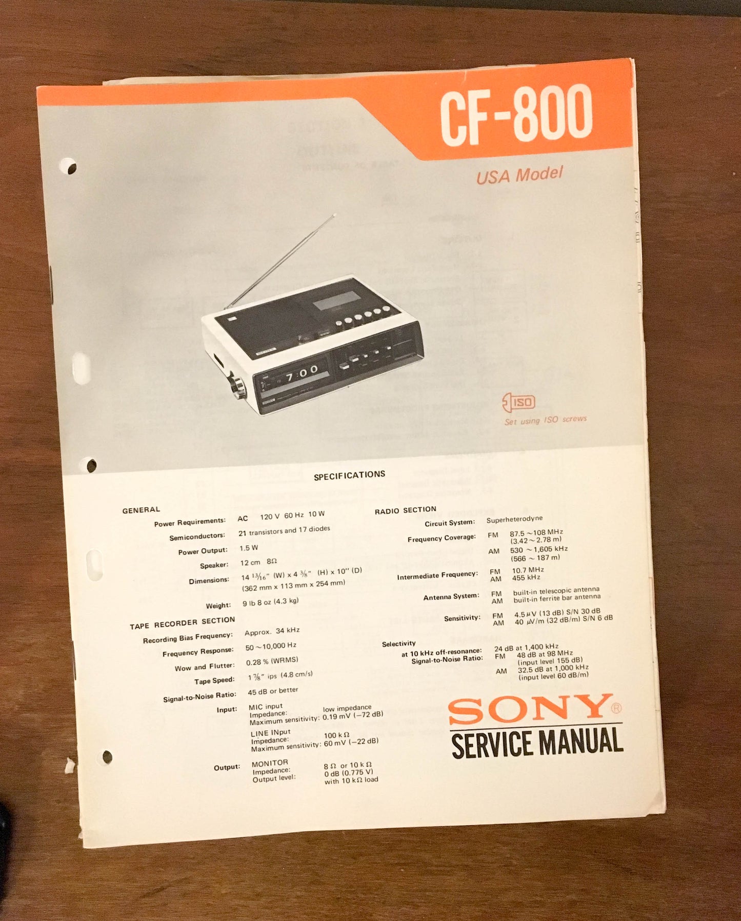 Sony CF-800 RADIO CASSETTE  Service Manual *Original* #1