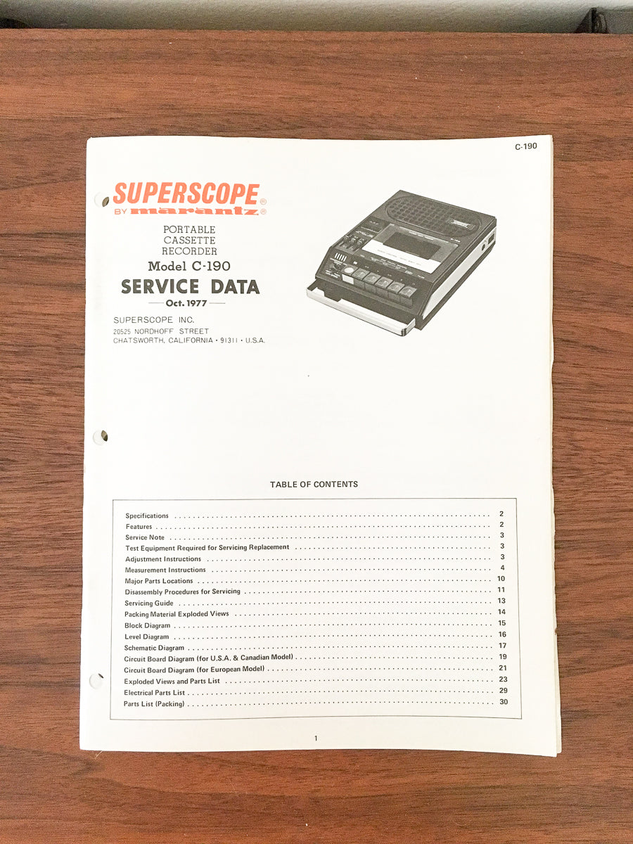 Superscope / Marantz C-190 Cassette Service Manual *Original*