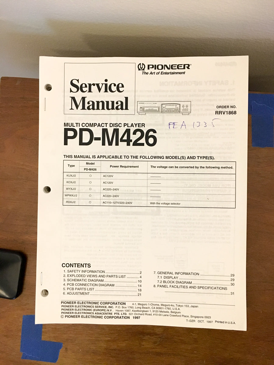 Pioneer PD-M426 CD Player Service Manual *Original*