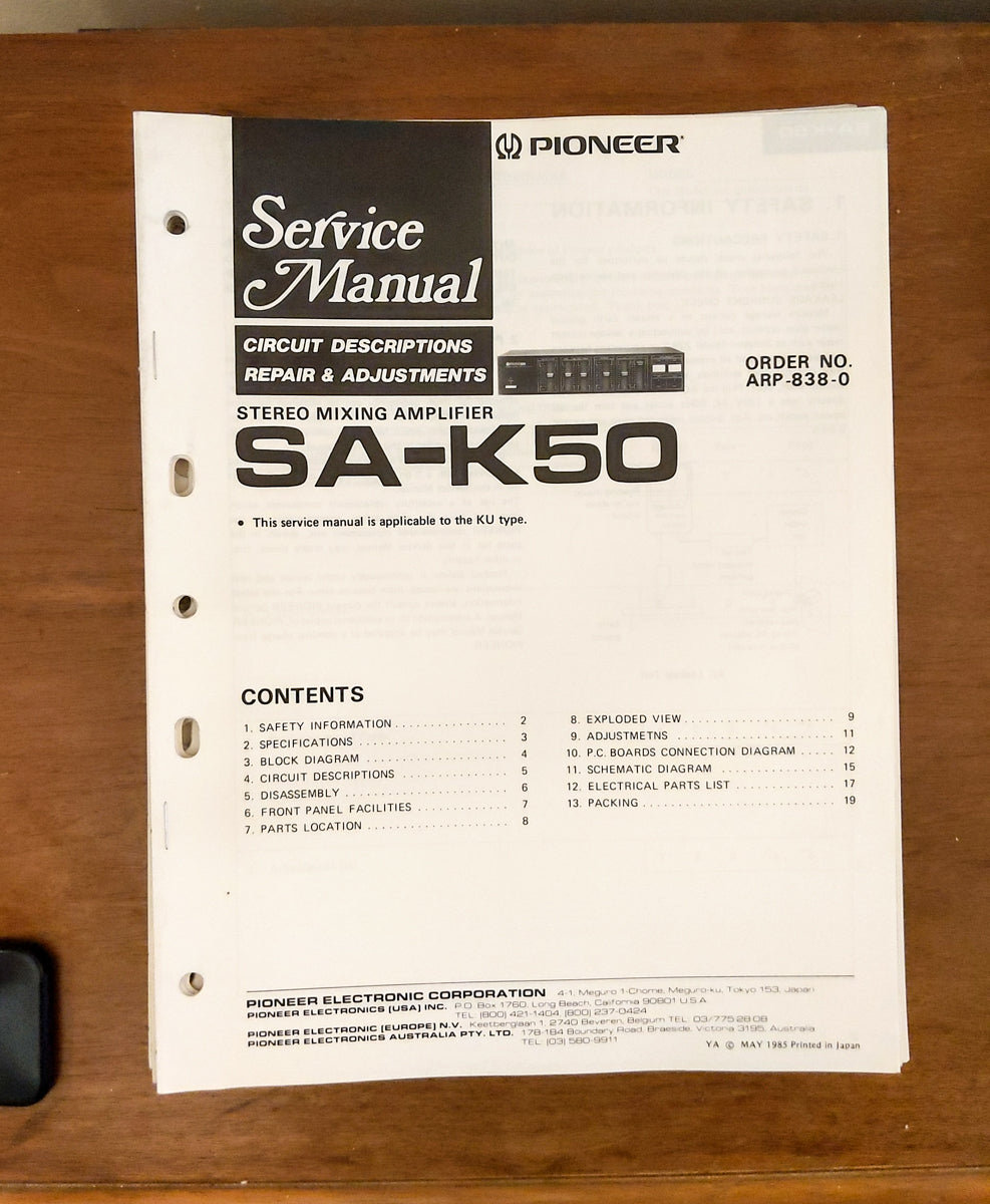 Pioneer SA-K50 Receiver Service Manual *Original*