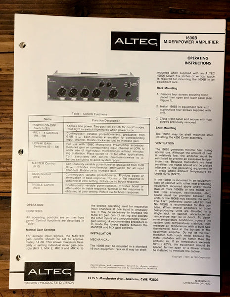 Altec Model 1606B Mixer Amplifier Owner / Operating Manual *Original*