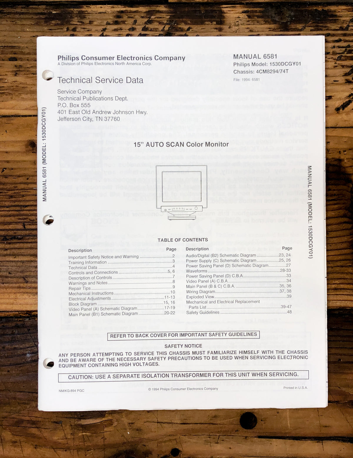 Magnavox / Philips 1530DCGY01 4CM8294 74T Monitor  Service Manual *Original*