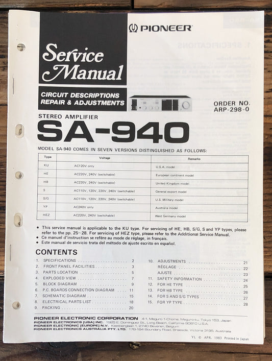 Pioneer SA-940 Amplifier  Service Manual *Original*