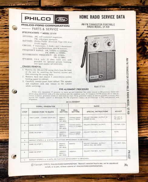 Philco Ford ST-919 Radio Service Manual *Original*