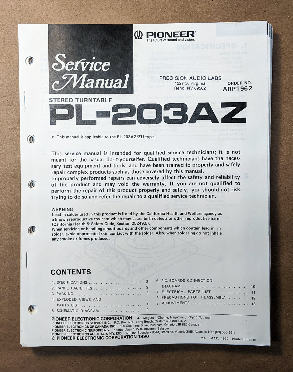 Pioneer PL-203AZ Record Player / Turntable  Service Manual *Original*