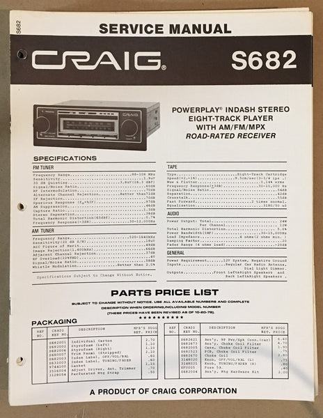 Craig Model S682 Car Stereo Service Manual *Original*