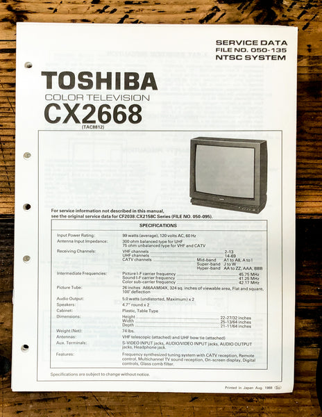 Toshiba CX2668 TV Television Service Manual *Original*