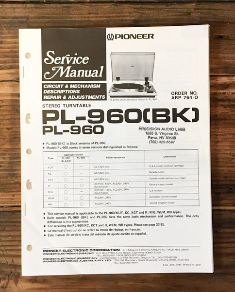 Pioneer PL-960 Record Player / Turntable Service Manual *Original*