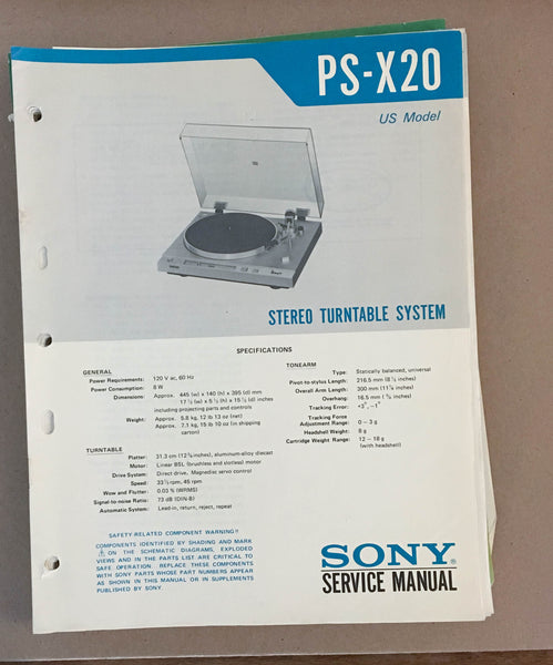 Sony PS-X20 Turntable Record Player  Service Manual *Original*