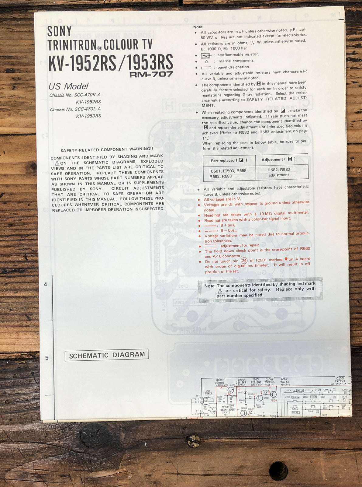 Sony KV-1952RS -1953RS TV  Large Fold Out Schematic *Original*