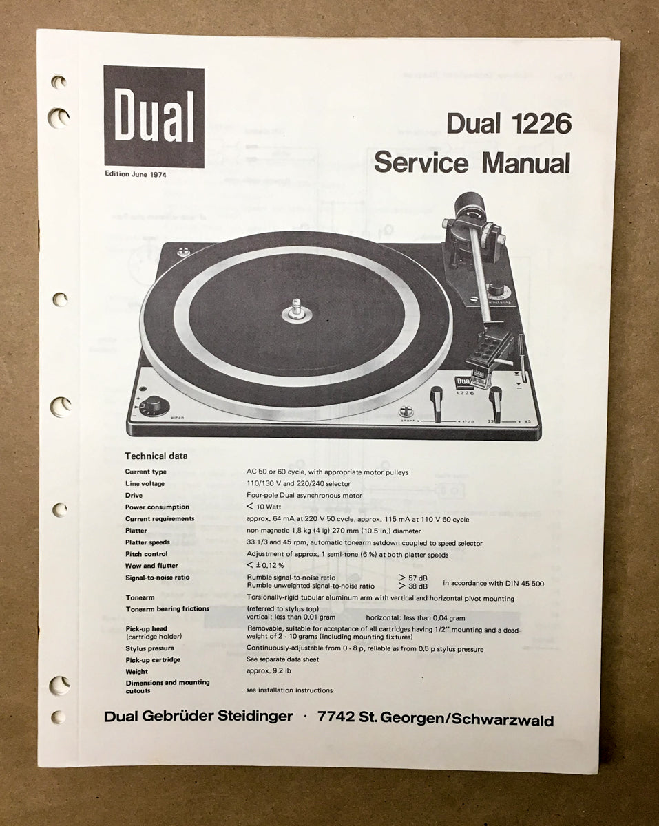 Dual Model 1226 Turntable / Record Player Service Manual *Original* #2