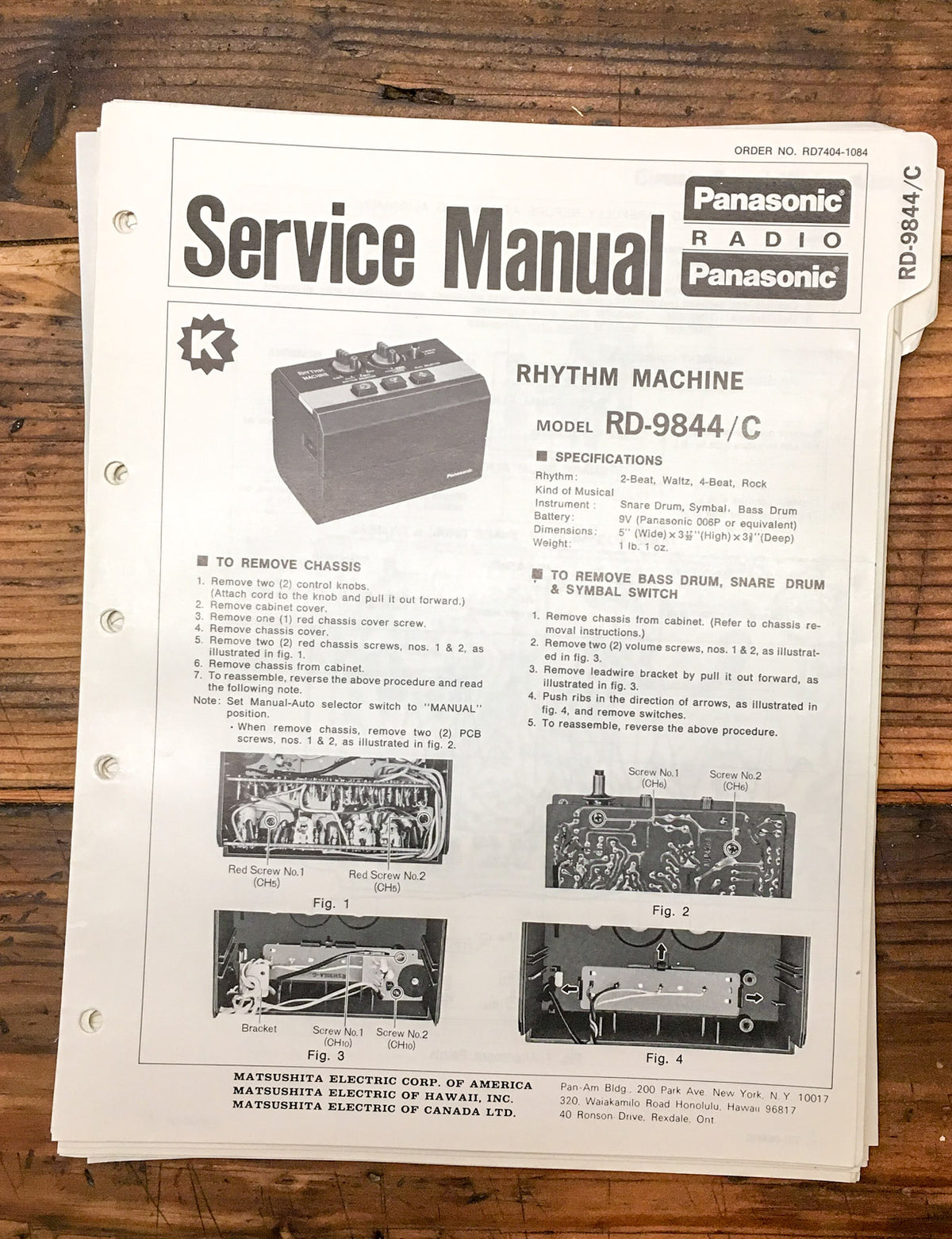 Panasonic RD-9844 RD-9844C Rhythm Machine   Service Manual *Original*