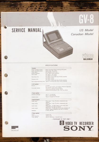 Sony GV-8 Video 8 Cassette Player  Service Manual *Original*