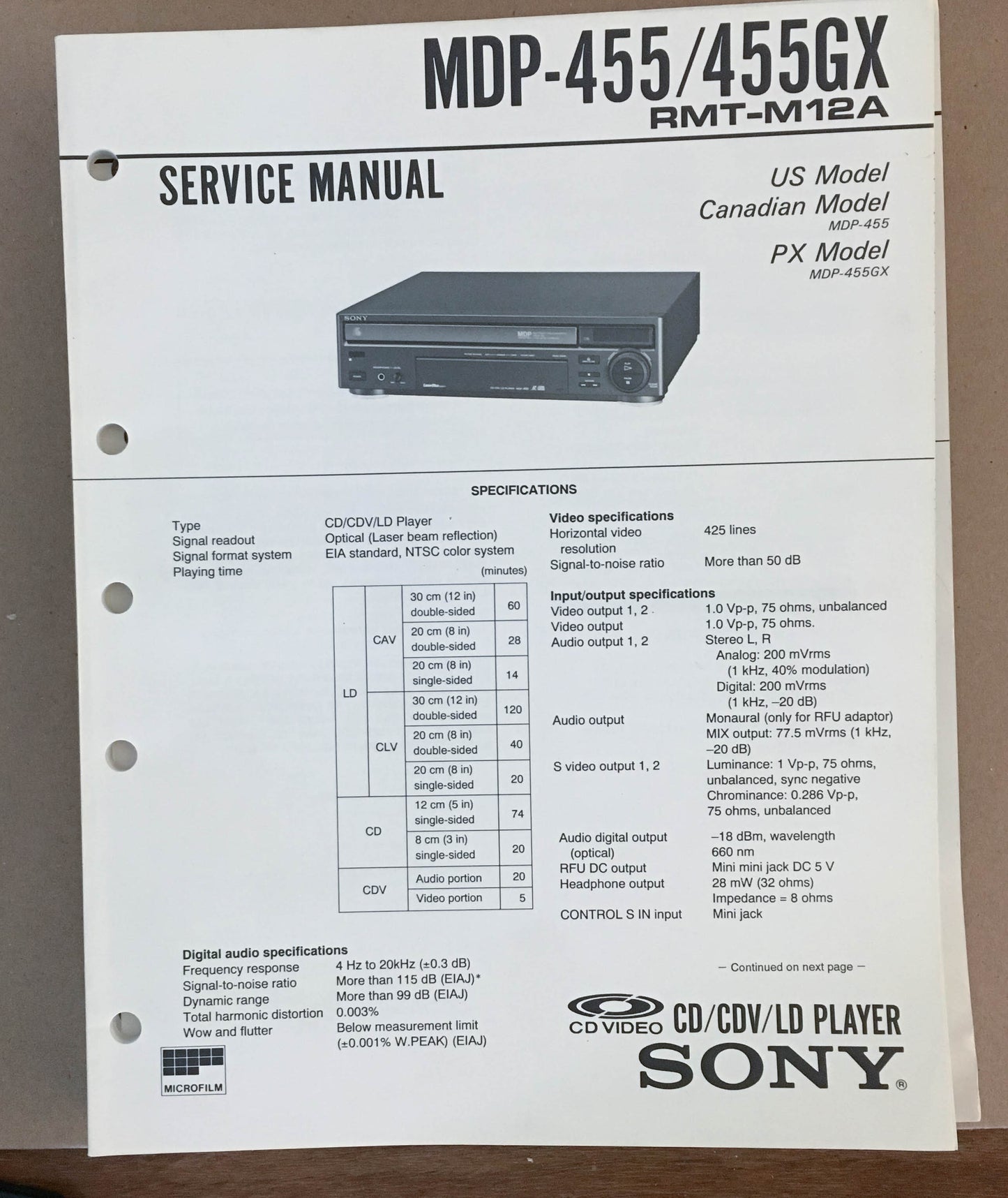 Sony MDP-500 CD CDV LD PLAYER  Service Manual *Original*