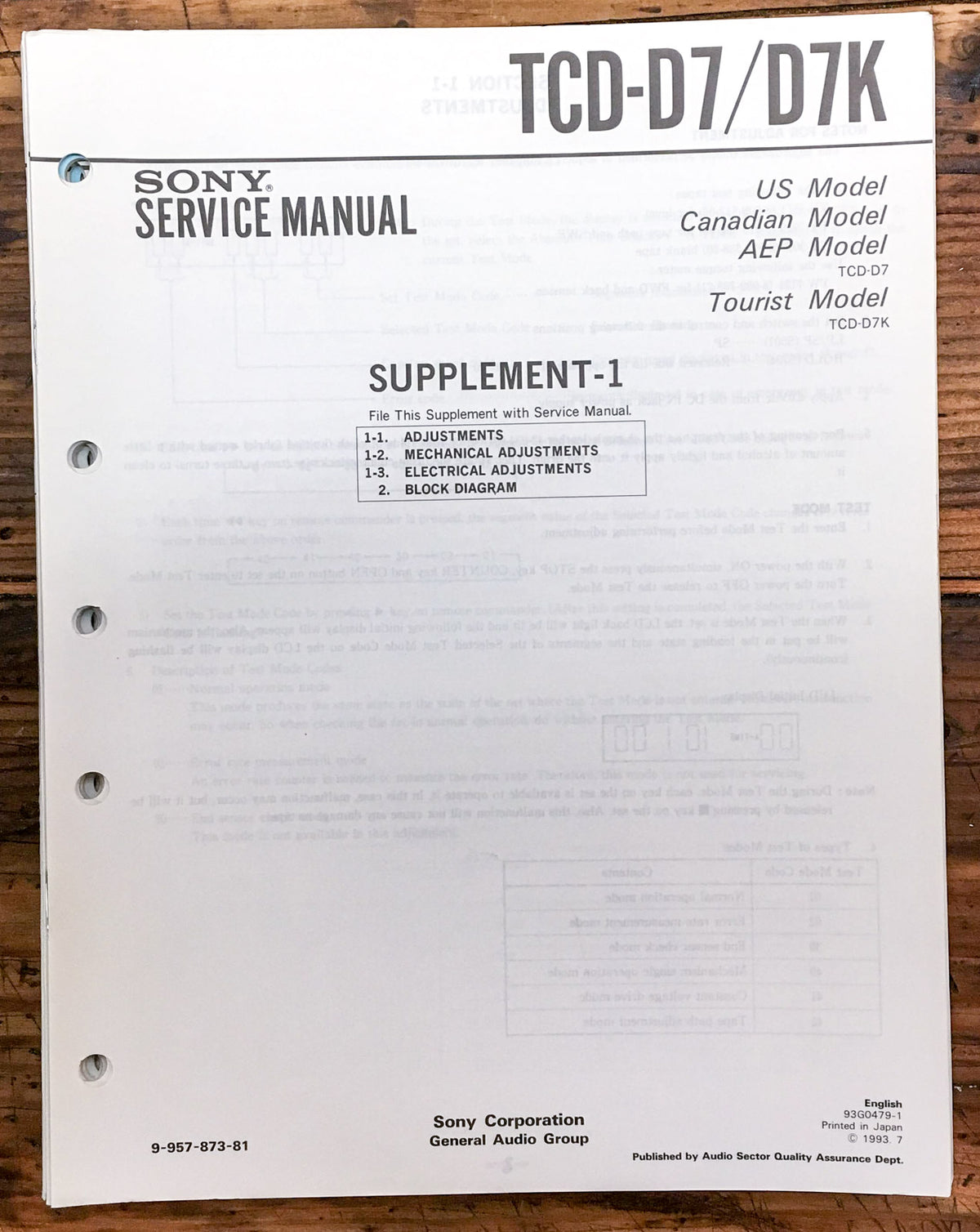 Sony TCD-D7 TCD-D7K Cassette Player  Service Manual Supplement 1 *Original*