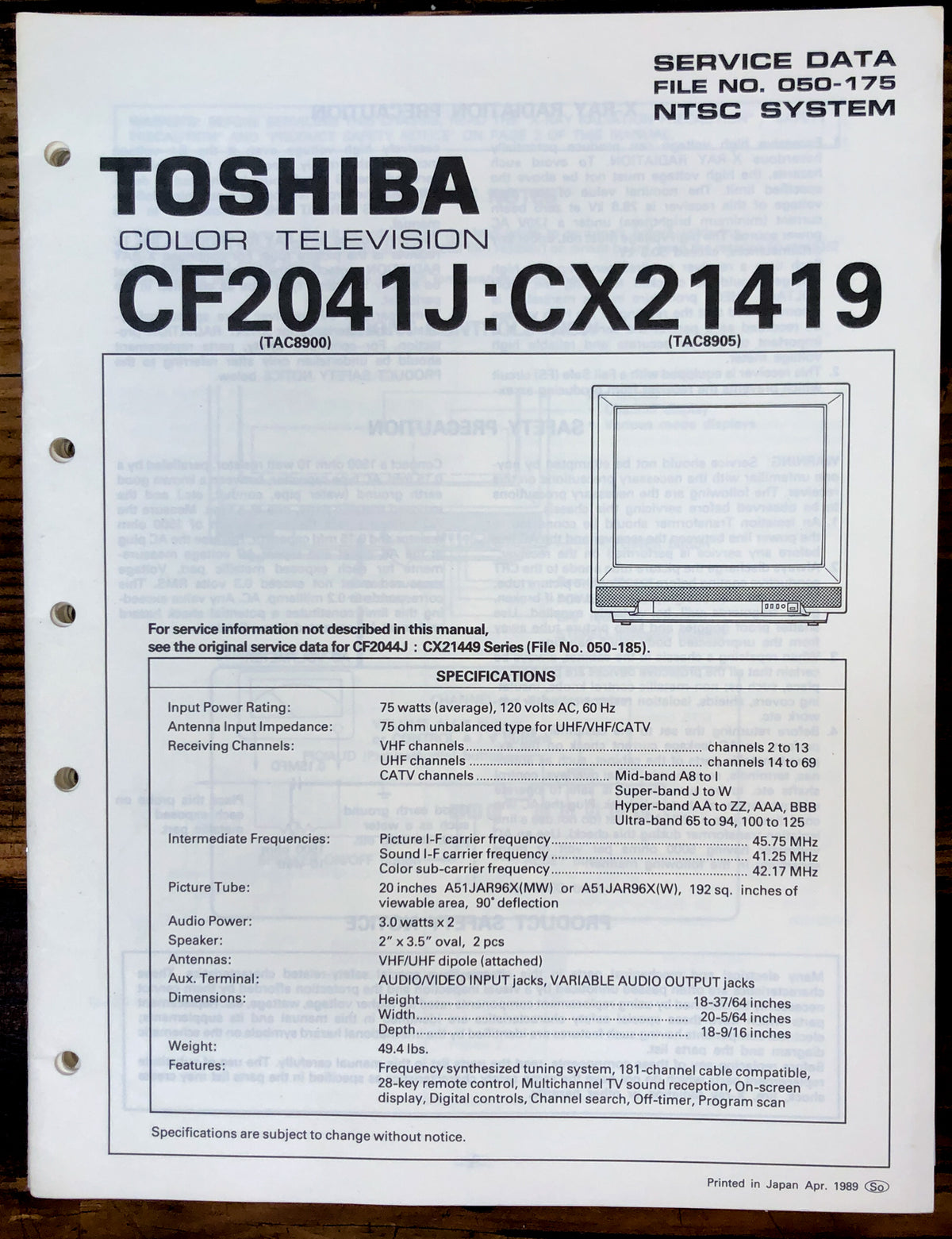 Toshiba CF2041J CX21419 TV  Service Manual *Original*