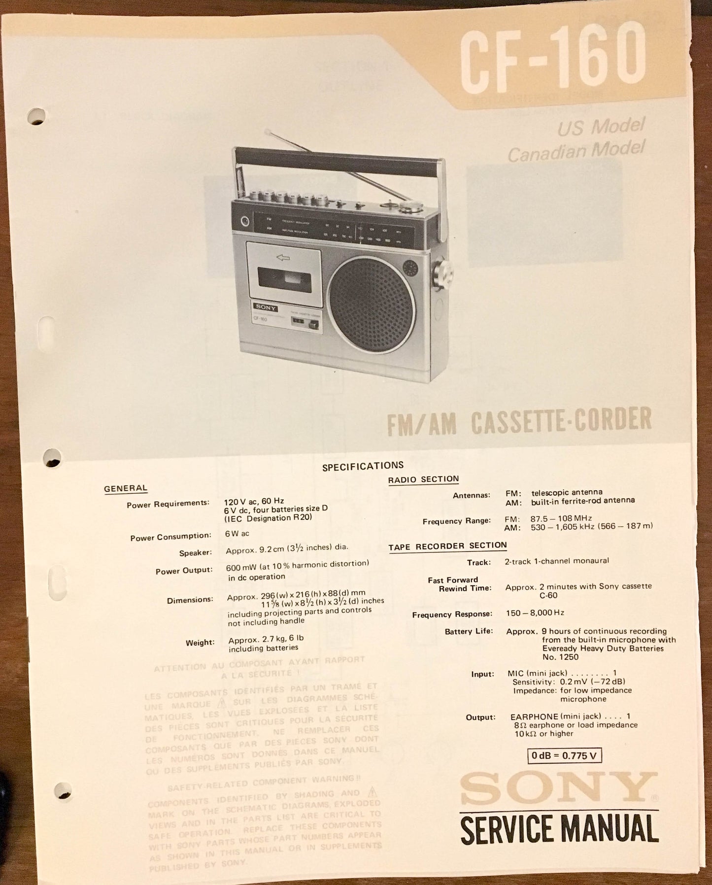 Sony CF-160 RADIO CASSETTE  Service Manual *Original*