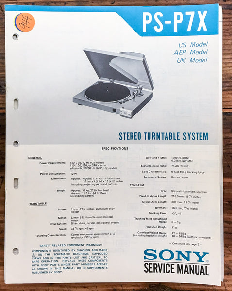 Sony PS-P7X Record Player / Turntable  Service Manual *Original*