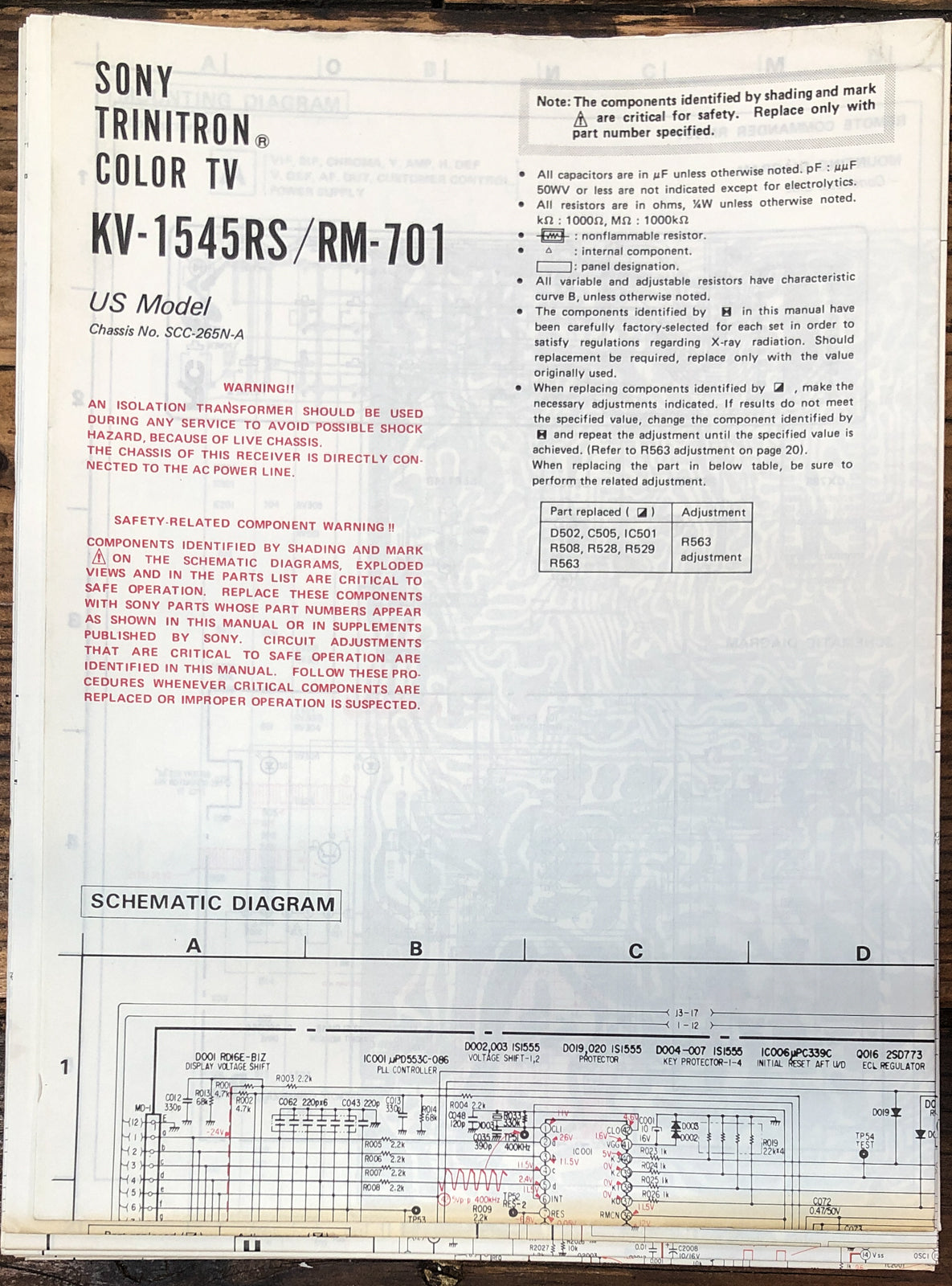 Sony KV-1545RS TV  Large Fold Out Schematic *Original*