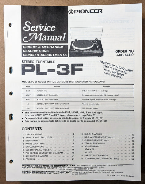 Pioneer PL-3F Record Player / Turntable Service Manual *Original*