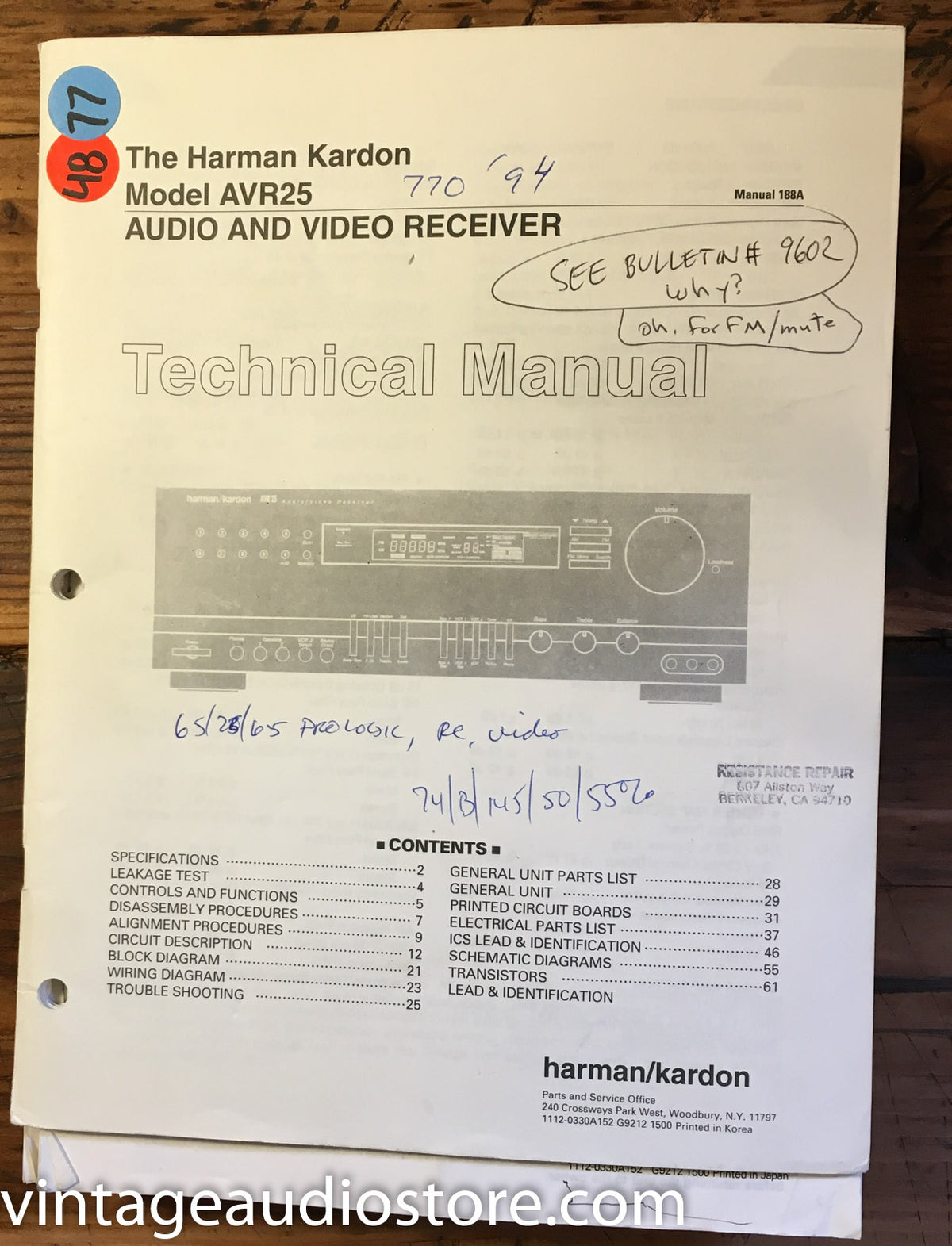 Harman Kardon AVR25 AVR-25   Service Manual *Original*