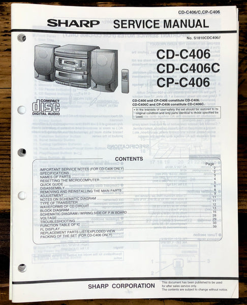 Sharp CD-C406 C406C CP-C406 Stereo Service Manual *Original*