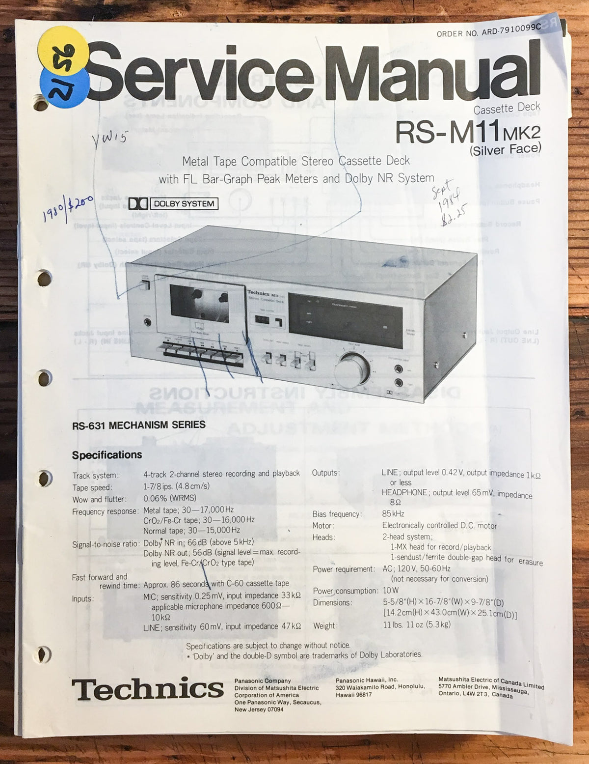 Technics RS-M11 MK2 Cassette Deck  Service Manual *Original*