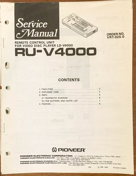 Pioneer RU-V4000 Remote Control  Service Manual *Original*