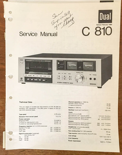 Dual C810 Cassette Deck Service Manual Notice *Original*