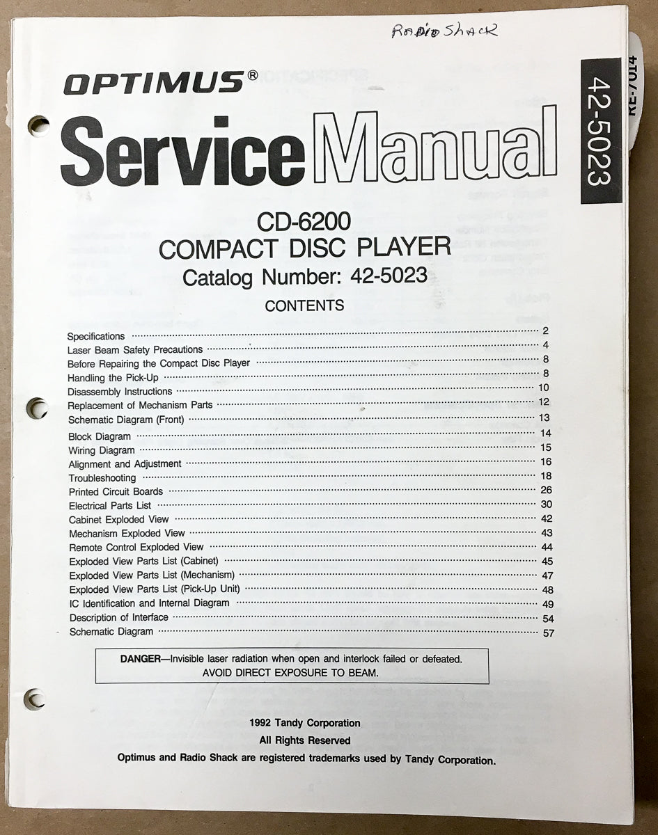 Realistic Optimus CD-6200 Cat. 42-5023 CD Player Service Manual *Original*