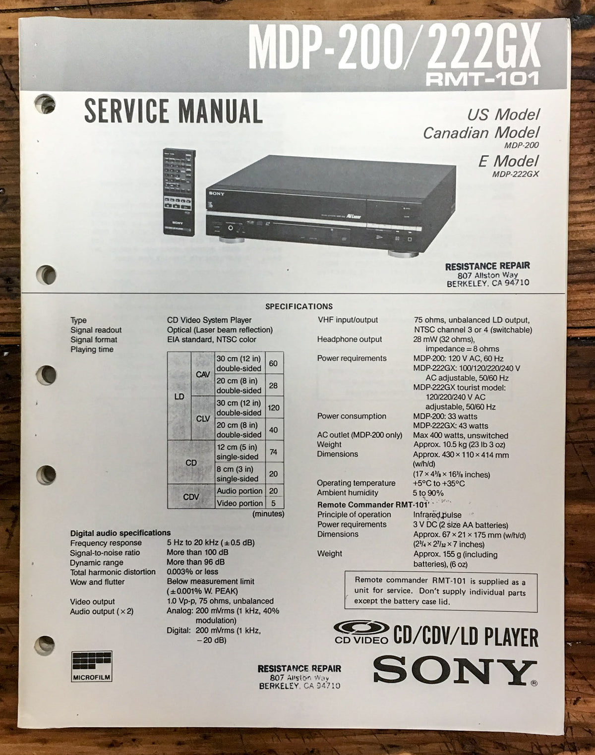 Sony MDP-200 MDP-222GX CD CDV LD Player  Service Manual *Original*