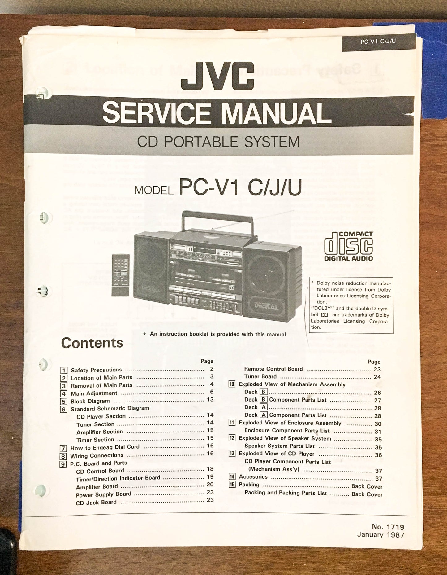 JVC PC-V1 Portable Stereo Boombox Service Manual *Original*