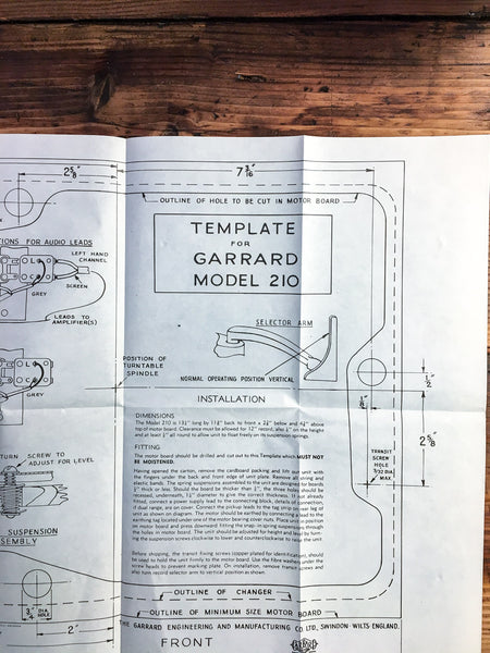 Garrard Model 210 Record Player / Turntable  Installation Manual *Original*