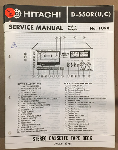Hitachi D-550R Cassette  Service Manual *Original*