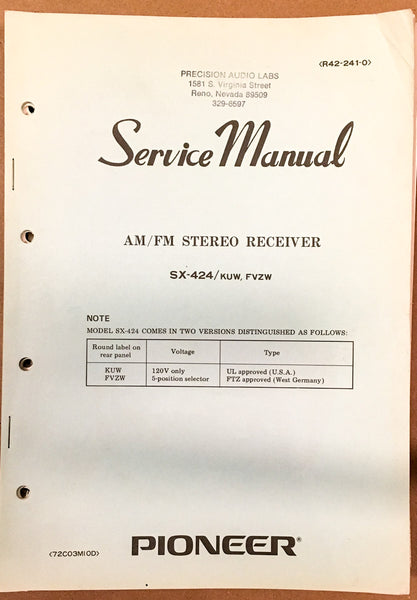 Pioneer SX-424 Receiver  Service Manual *Original* #1