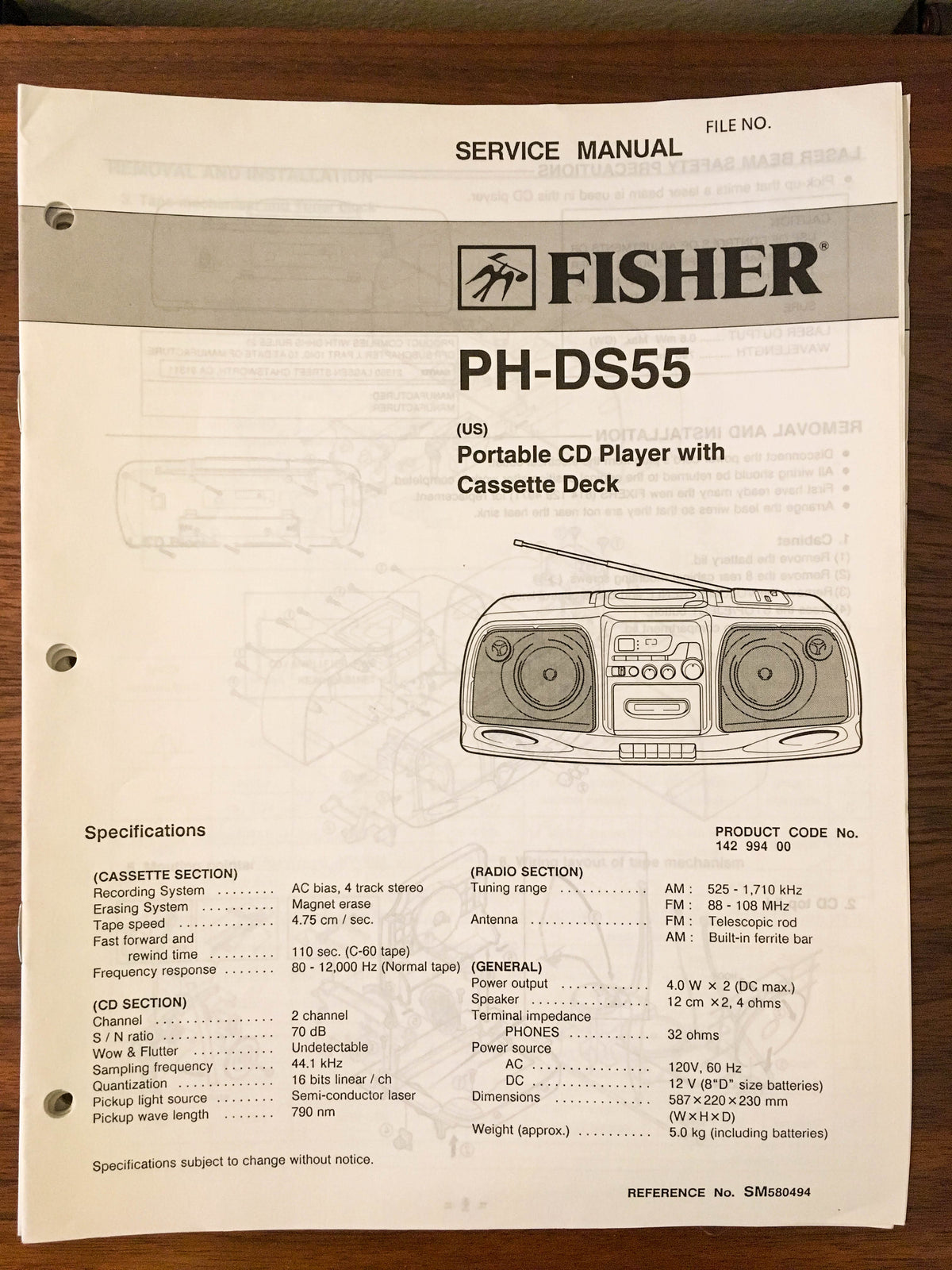 Fisher PH-DS55 Boombox Radio Service Manual *Original*