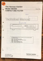 Harman Kardon HD200 HD-200 CD Player  Service Manual *Original*