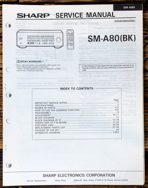 Sharp SM-A80 Amplifier Service Manual *Original*