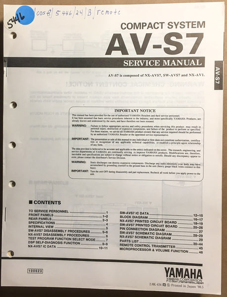 Yamaha AV-S7 Stereo System  Service Manual *Original*