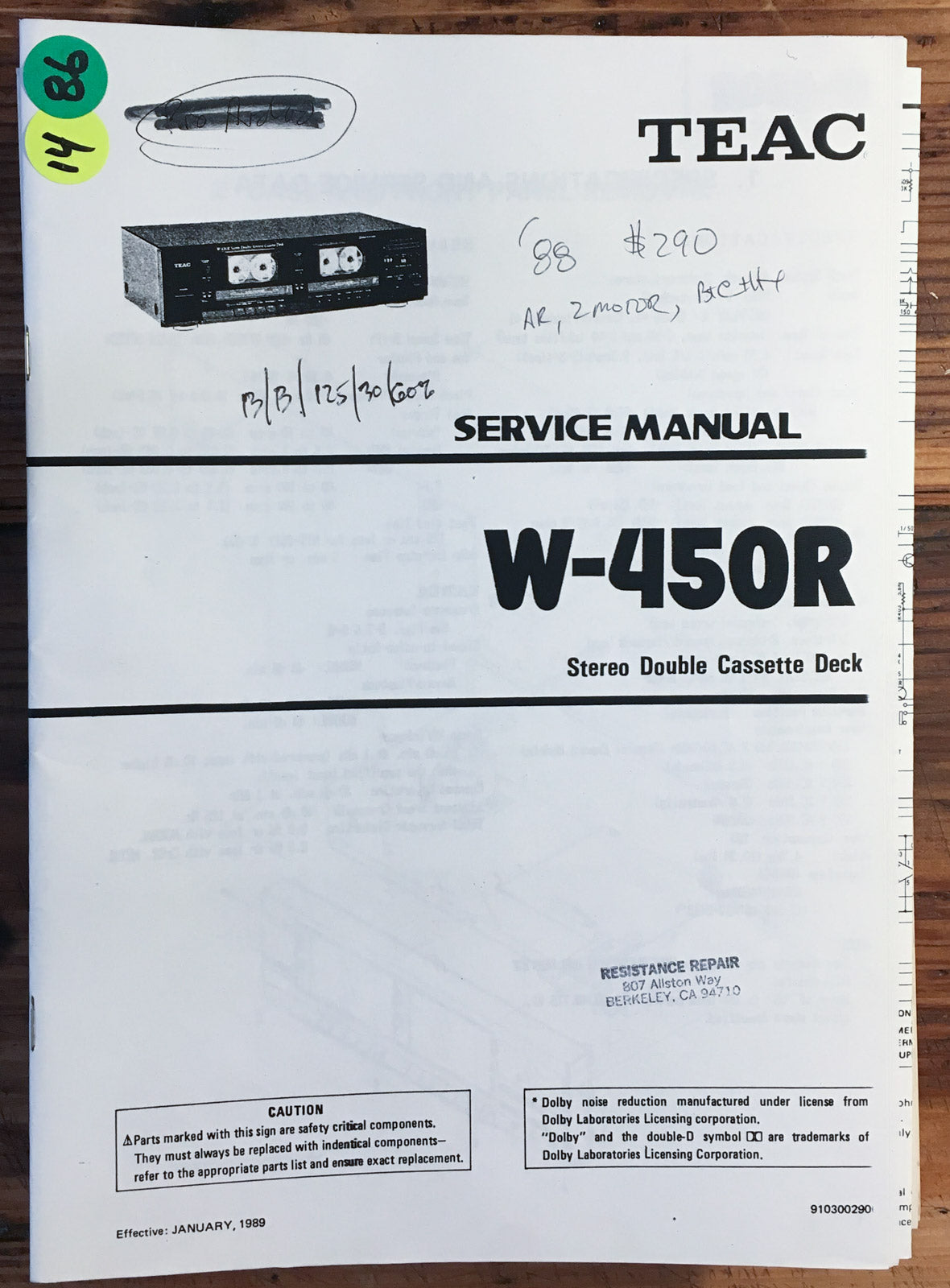Teac W-450R Cassette Deck  Service Manual *Original*