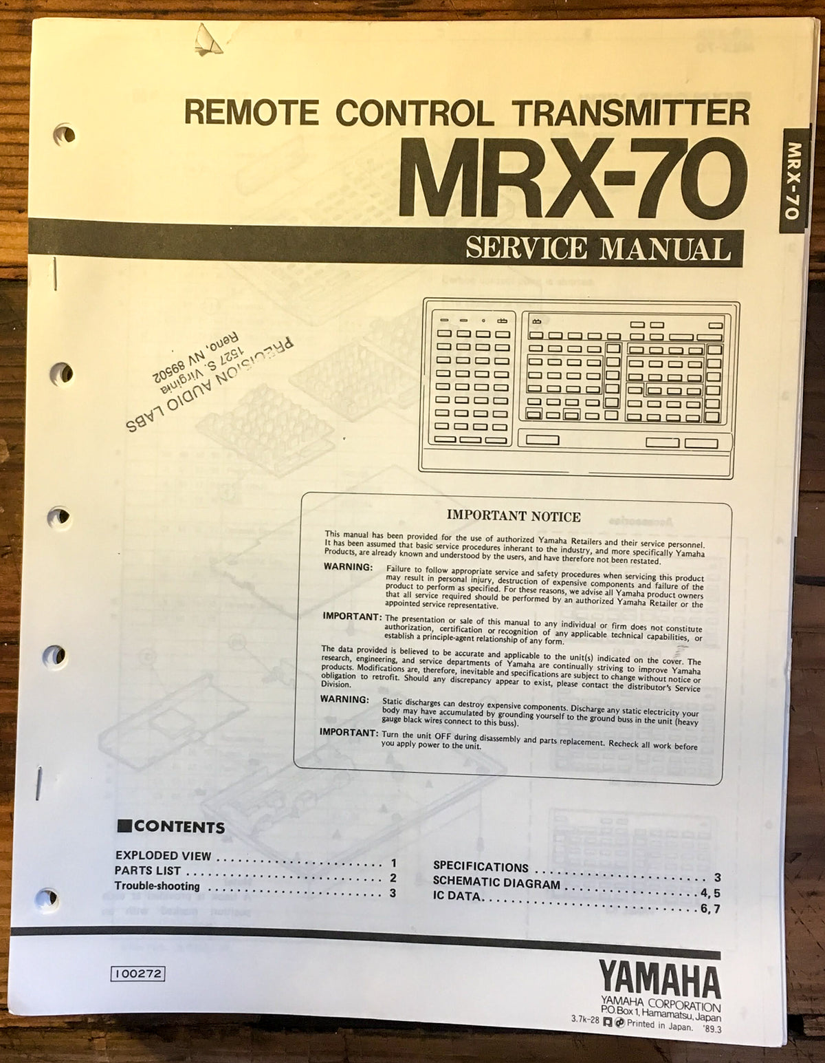Yamaha MRX-70 Remote Control Service Manual *Original*
