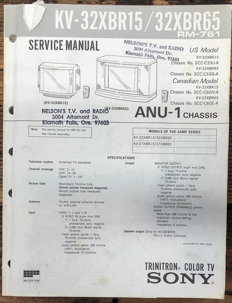 Sony KV-32XBR15 -32XBR65 TV  Service Manual *Original*