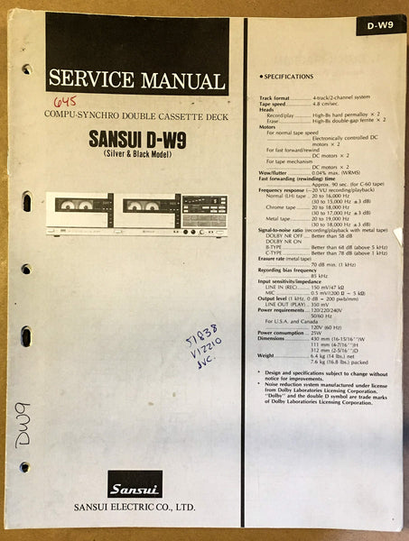 Sansui D-W9 Cassette / Tape Player Service Manual *Original*