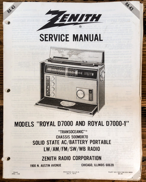 Zenith Royal D7000 D7000-1 Radio  Service Manual *Original*